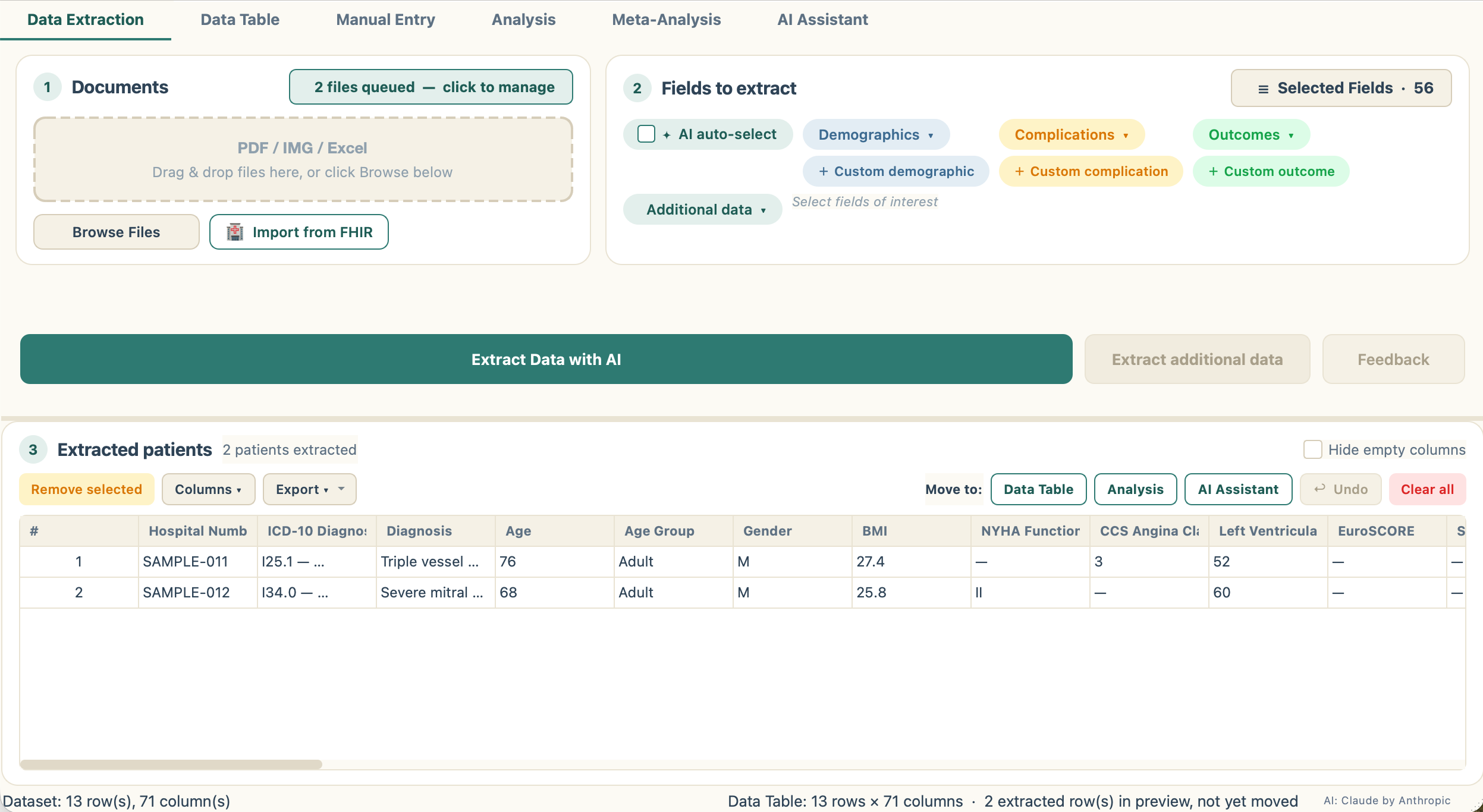 The Data Extraction tab: documents queued on the left, the fields to extract chosen on the right, and two extracted patients in the preview grid below